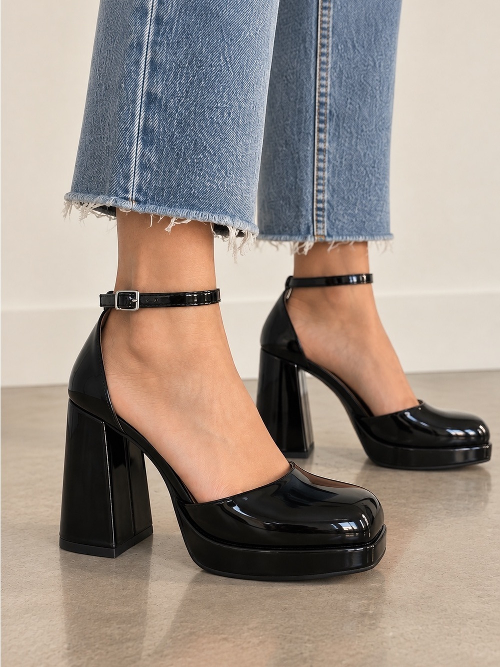 BP Black Patent Platform Heels Women’s 8 Men’s 6 Chunky Block Heel Y2K